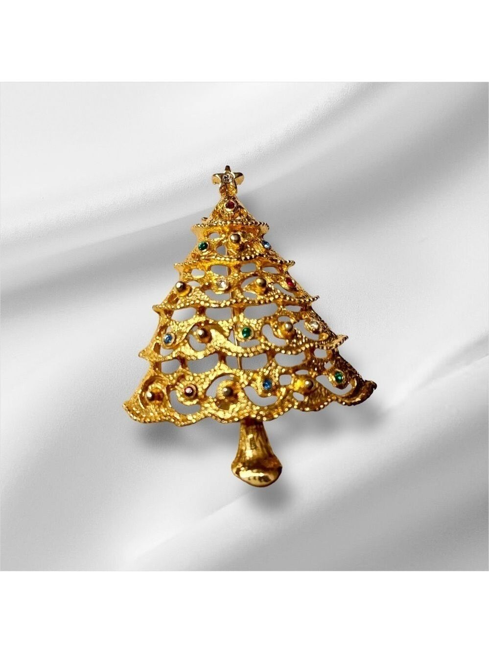 Brooch, Vintage Christmas Tree by JJ Jonette, 80’s, Gold-Tone, Red & Gre…